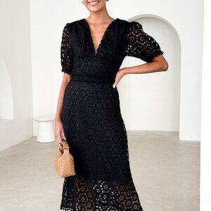 Eyelet Lace V-Neck Midi Dress with Puff Sleeves | New Formal Dress w/ Zip Back
